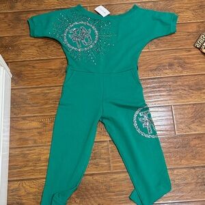 Green Jumpsuit with Silver Accents One shoulder